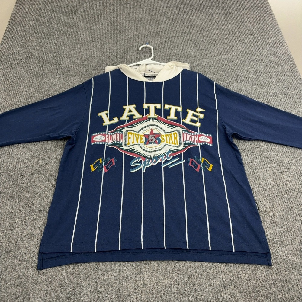 Vintage Latte T Shirt Mens XL Blue Cotton Pinstripe Graphic Hooded Sport Street